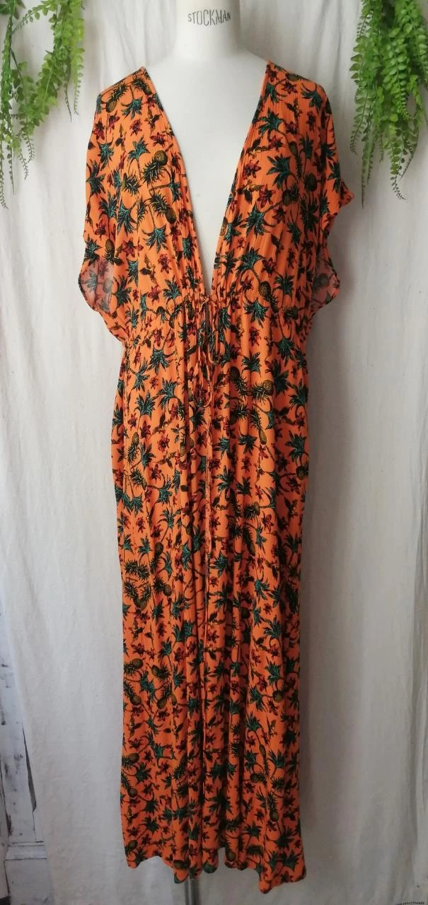 Robe longue / Caftan de plage imprimé tropical orange "Kiabi"